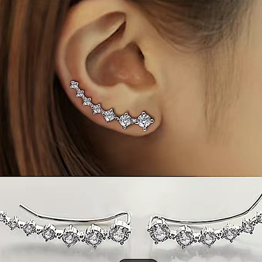 Silver Zircon Ear Climber, Stud Earrings, Ear Huggies, Minimalist